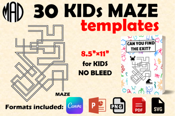 30 Kids Maze TEMPLATES - Line Style 1: Graphics for KDP